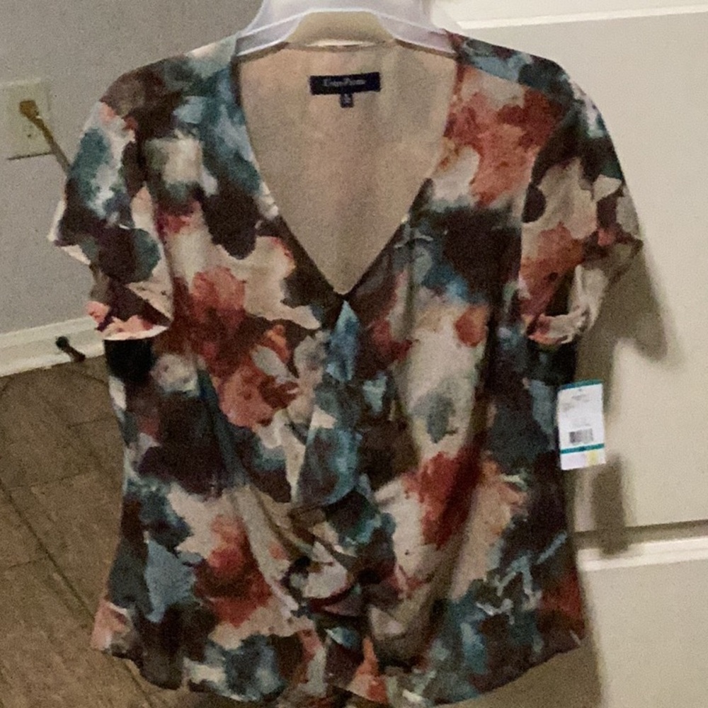Evan Picone Blue and Orange Tie Front Blouse